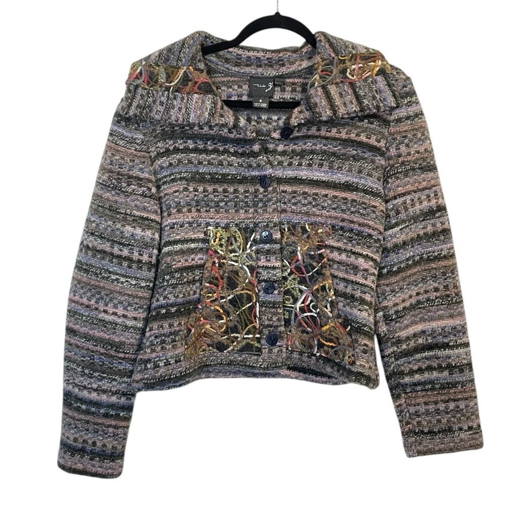 TLB DESIGN Canada Purple Hues Wool Bland Knit Embroidered Collar Cardigan Size M